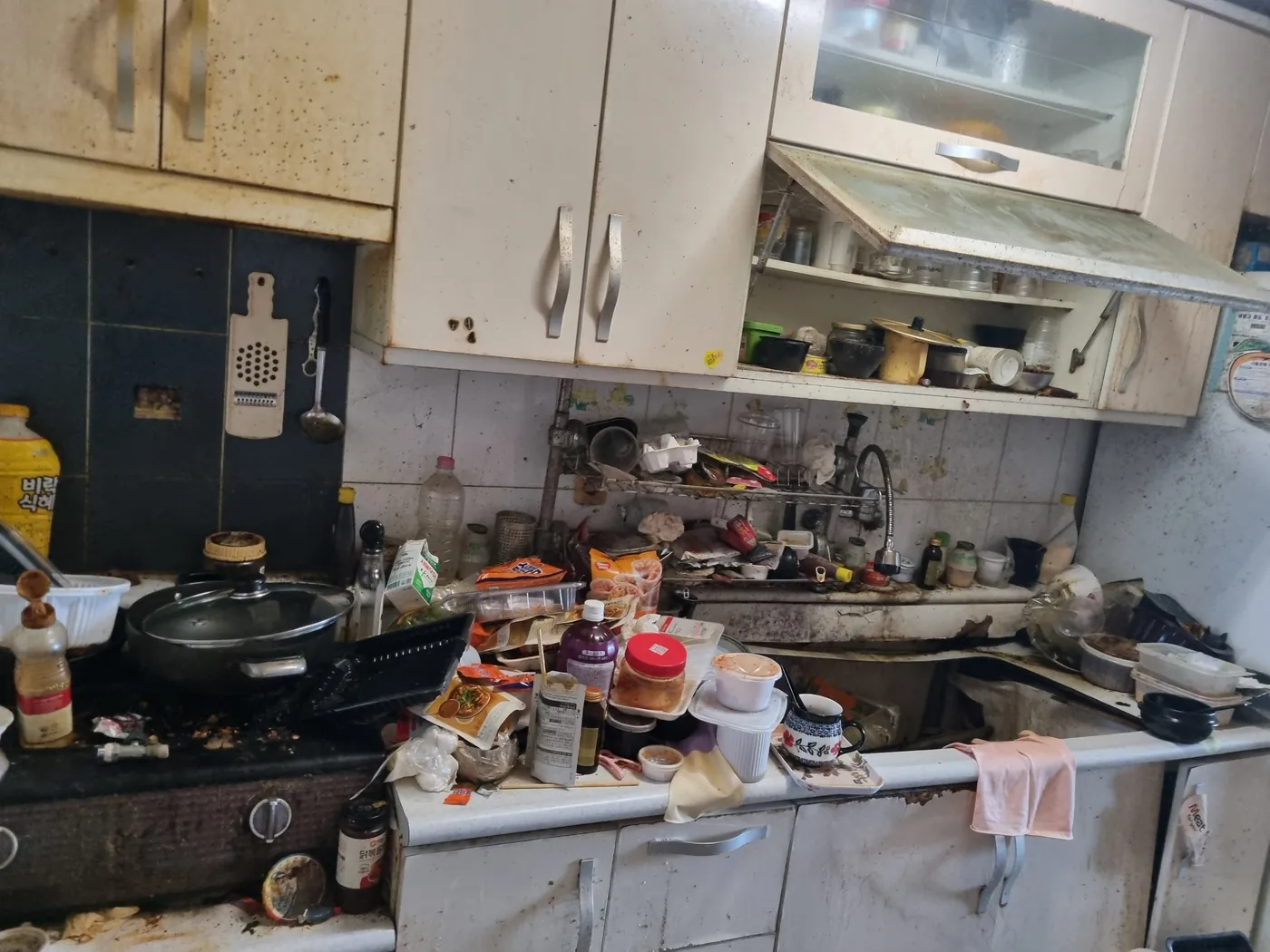 쓰레기집 주방 — 조리대와 싱크대에 쌓인 음식물 용기